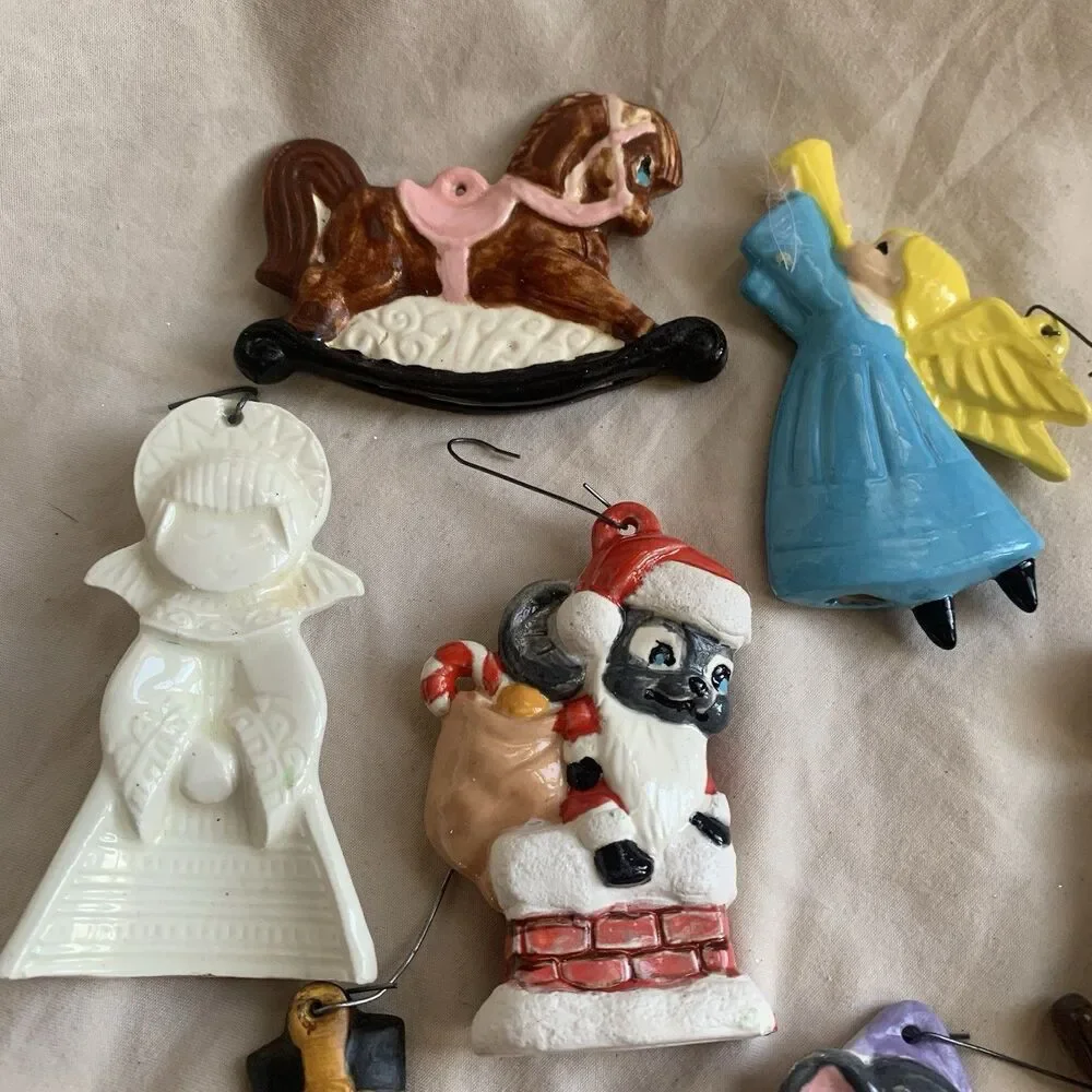 Vintage Lot Ceramic Christmas Ornaments, Horse, Mouse, Nutcracker, 9 Pcs, 3”